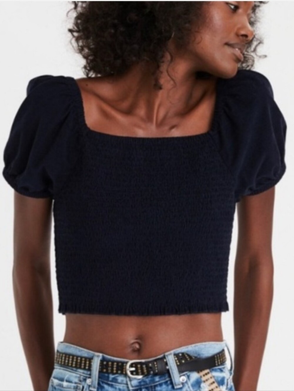 J. Crew Black Square-Neck Smocked Puff Sleeve 100% Cotton Crop Top Summer XXL